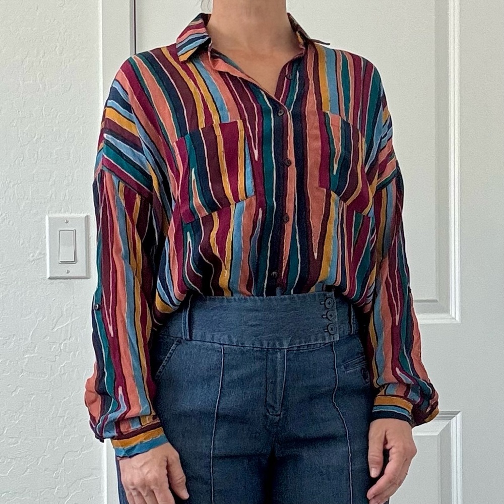 Tolani Boho Vibrant Multicolor Vertical Striped Button down Blouse